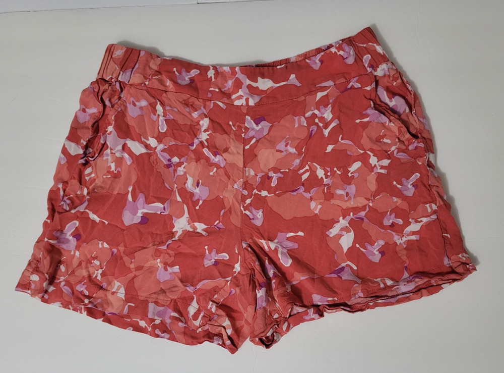 Nine West Womens M Coral Red Floral Shorts Pull On Elastic Waist Pockets